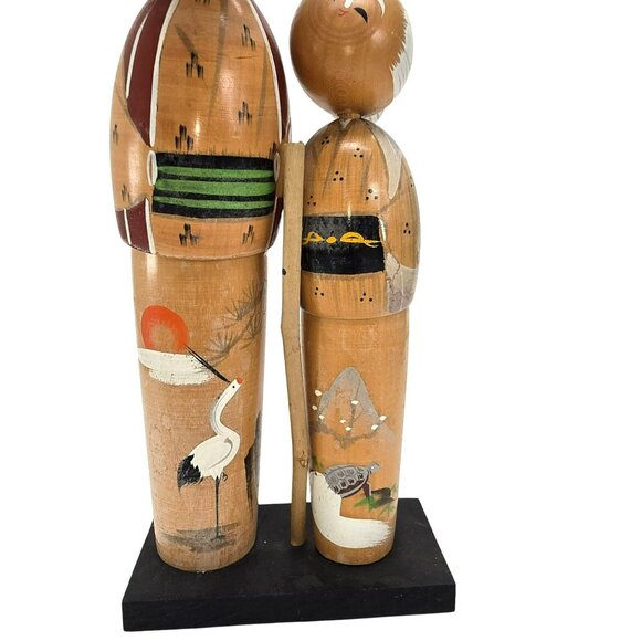 Japanese Kokeshi Wooden Dolls on Stand Grandfather and Grandaughter Crane JE381 - Picture 3 of 10